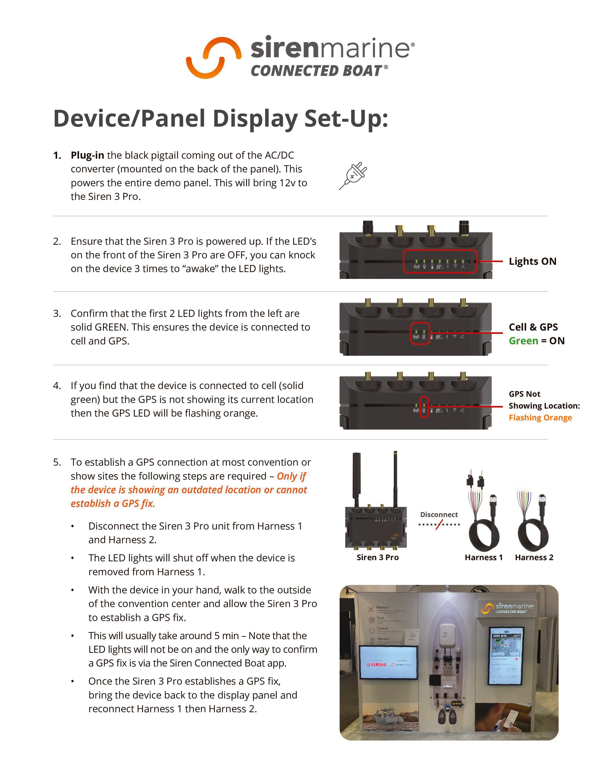Event set-up guides for a boat show panel display (pages 1 to 3) and a kiosk (pages 4 to 8). Page 3 of 8