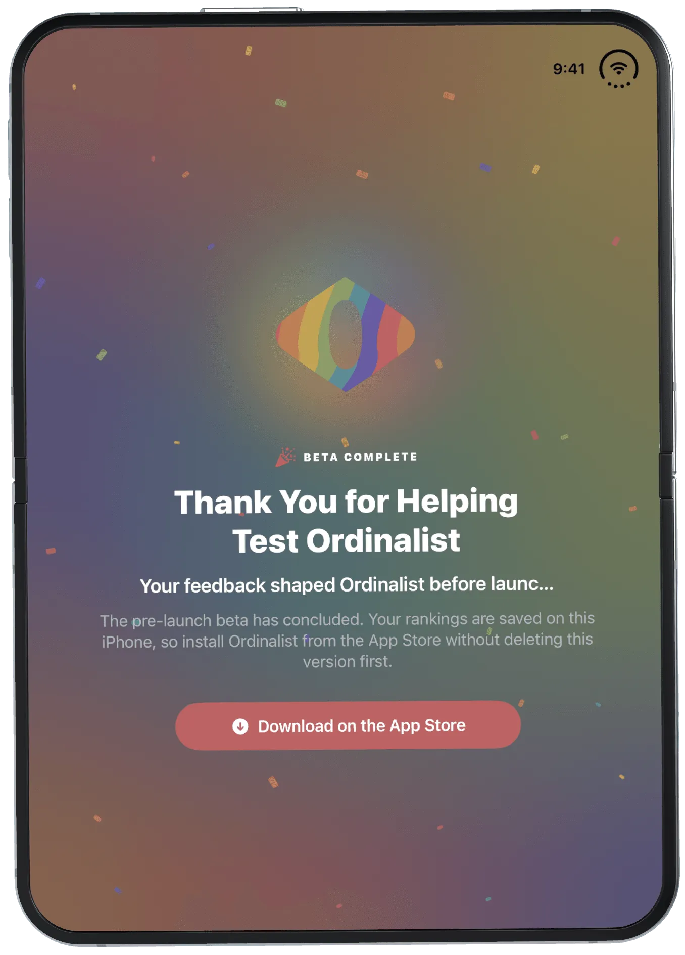 Dankesbildschirm der Ordinalist-Beta auf einem faltbaren iPhone